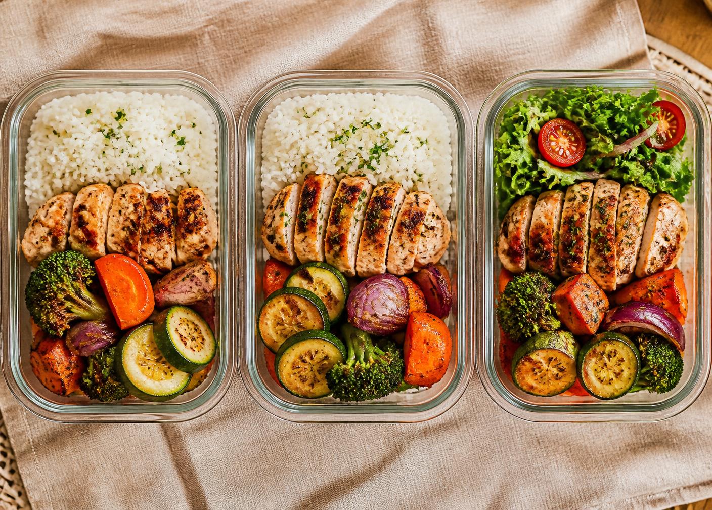 Três marmitas organizadas com arroz, frango grelhado e legumes assados