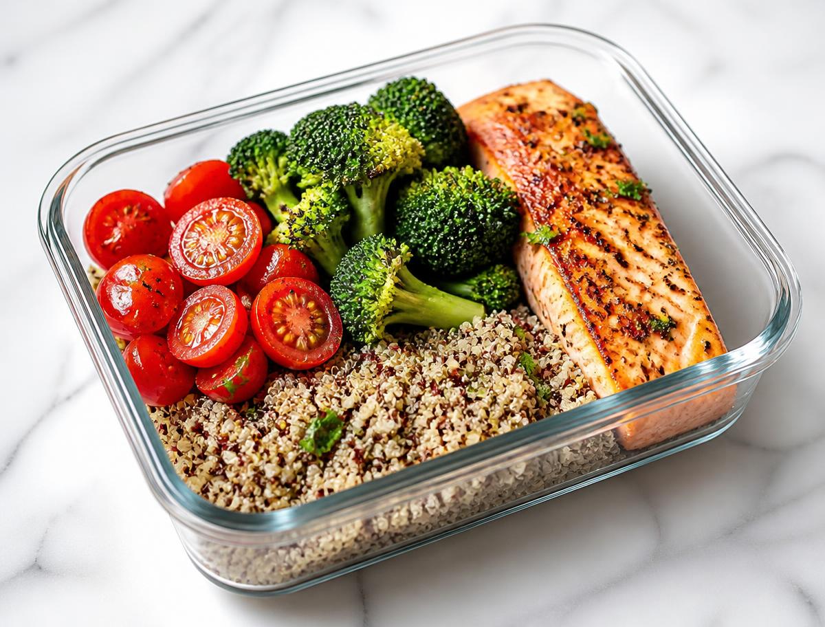 Marmita com quinoa, salmão grelhado, brócolis e tomates